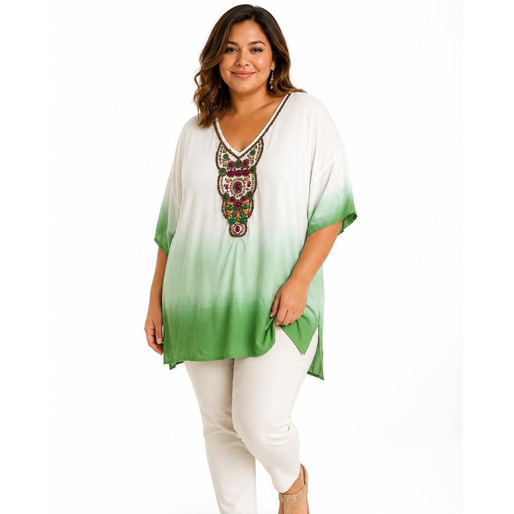 Green Ombre Beaded V Neck Tunic 16/18 Rayon Dolman Sleeve Boho Resort Artsy